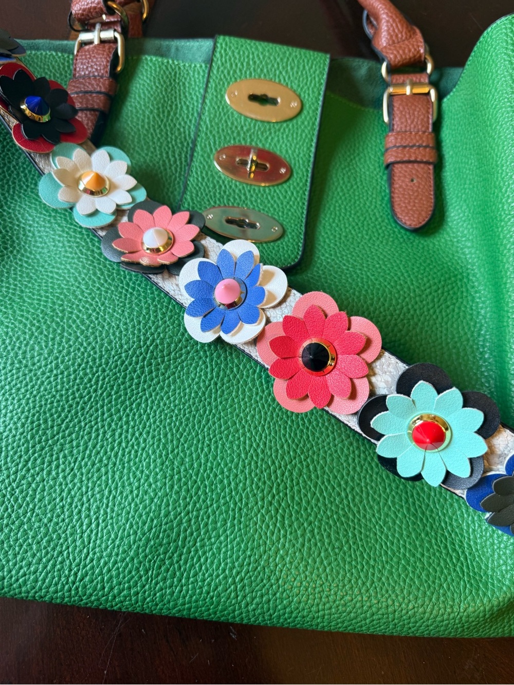 J & D Paris Women's Green Large Bag Faux Leather Handbag Floral Grommets Strap - Picture 11 of 11